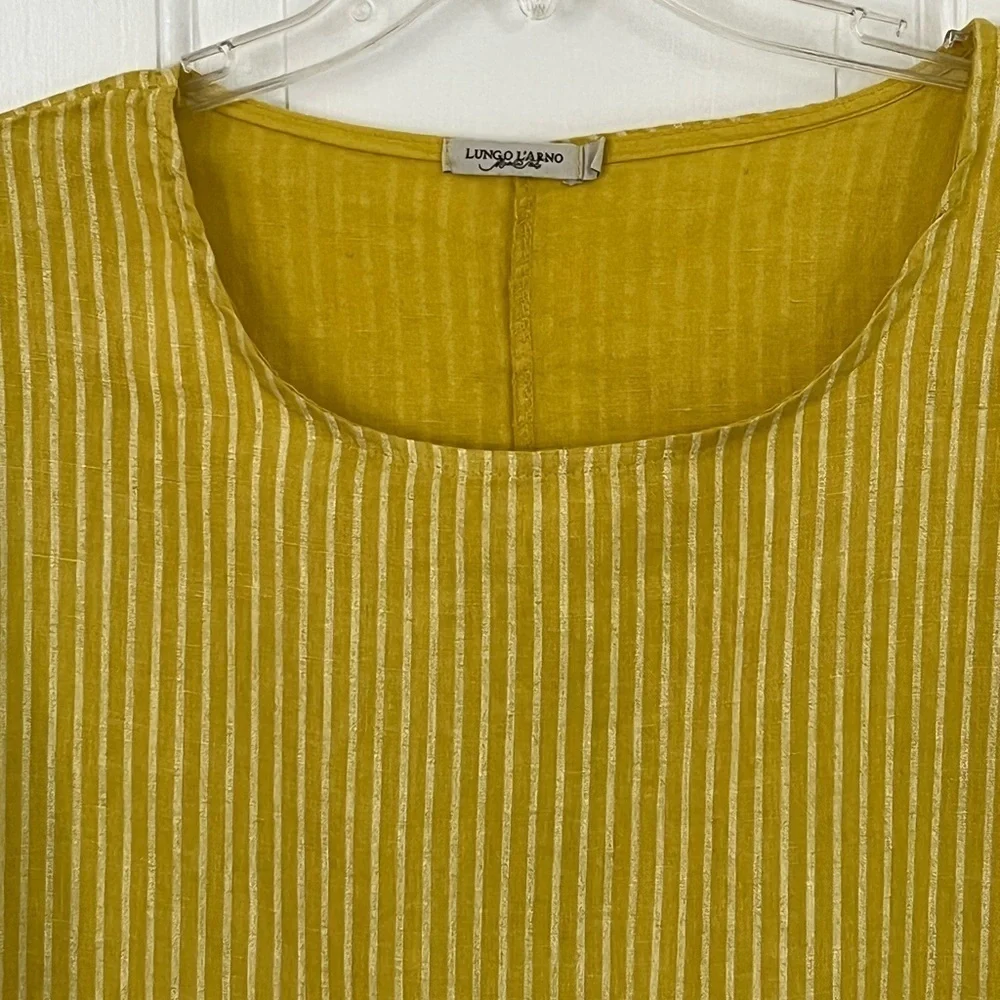 Lungo L'Arno 100% Linen Made in Italy Mustard Striped Ruffle Tunic Top L Boho - Picture 2 of 12